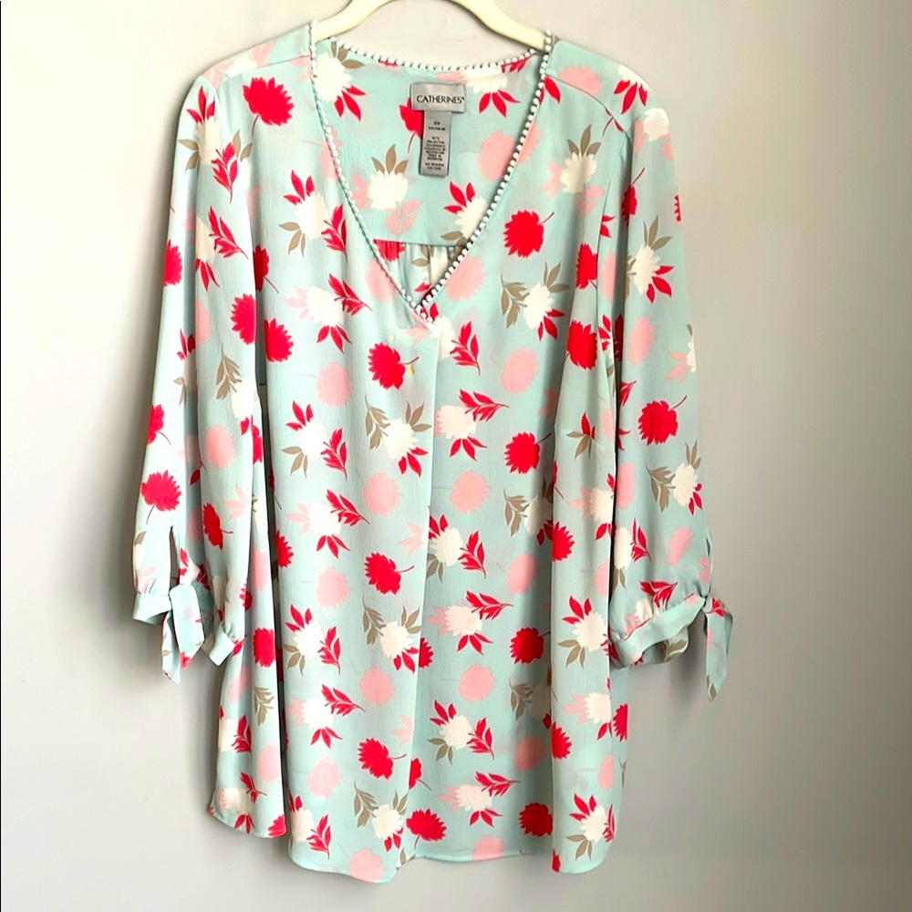 Catherines V-Neck Floral Print Polyester Blend 3/4 Tie Sleeves Size 14/16W